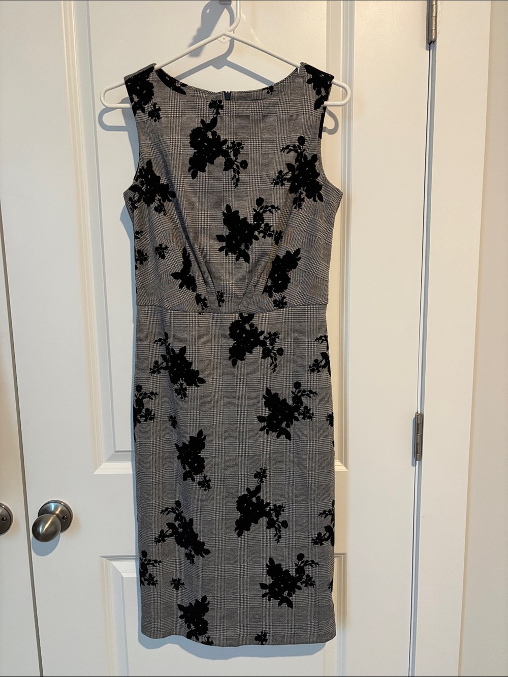 ECI Gray Plaid Sheath Dress with Black Floral Burnout